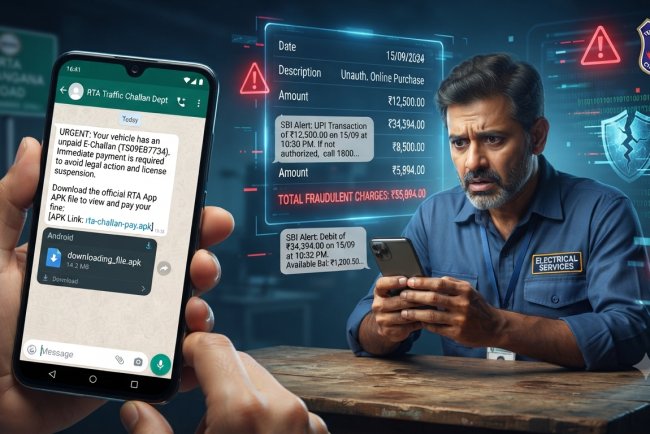 Fake RTA Challan APK Cyber Fraud: Bhadrachalam Electrician Loses ₹55,894 in WhatsApp Scam